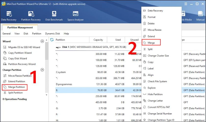 Cách gộp ổ cứng bằng Minitool Partition Wizard 15 Để mở chức năng gộp ổ cứng trên MiniTool Partition Wizard, bạn bấm vào Merge Partition