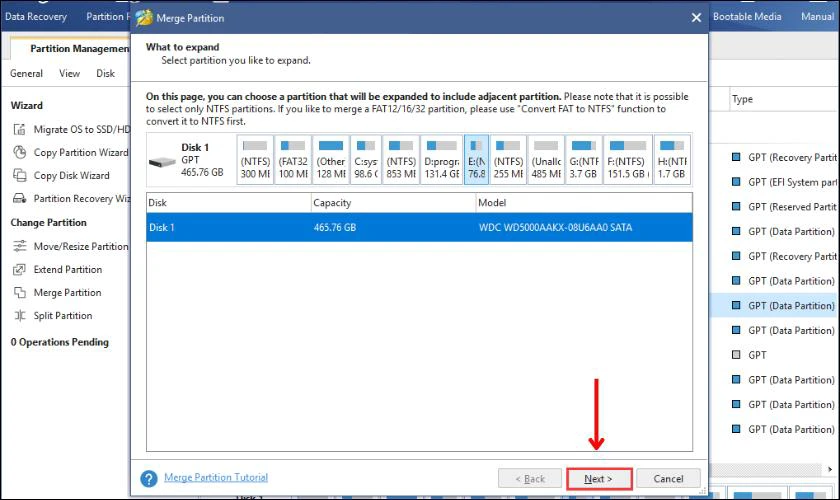 Cách gộp ổ cứng bằng Minitool Partition Wizard 16 Cửa sổ Merge xuất hiện, bạn có thể thấy phần mềm đã chỉ định phân vùng cần thiết. Tiếp theo bạn bấm nút Next