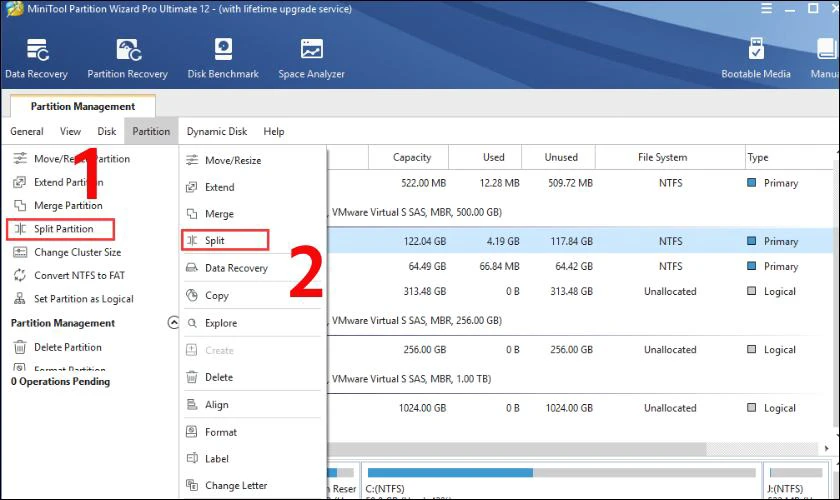 Cách gộp ổ cứng bằng Minitool Partition Wizard 19 Trong phần mềm MiniTool Partition Wizard, bạn chọn mục Split Partition. Tiếp tục phân vùng cần chia và ấn Split