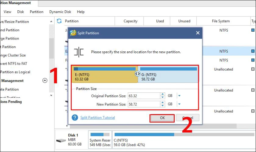 Cách gộp ổ cứng bằng Minitool Partition Wizard 20 Dùng chuột kéo vào 2 thanh như hình để chia dung lượng phân vùng