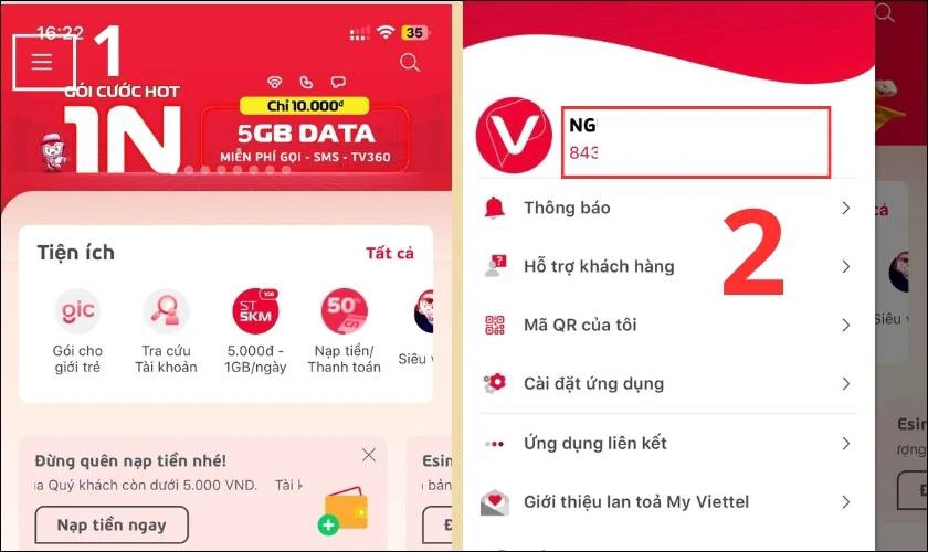 Chọn biểu tượng ba gạch v&agrave; nhấn v&agrave;o T&ecirc;n t&agrave;i khoản