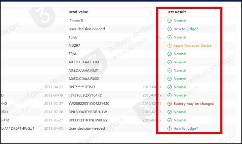 Cột Test Result đều hiện Normal m&agrave;u xanh th&igrave; iPhone hoạt động b&igrave;nh thường