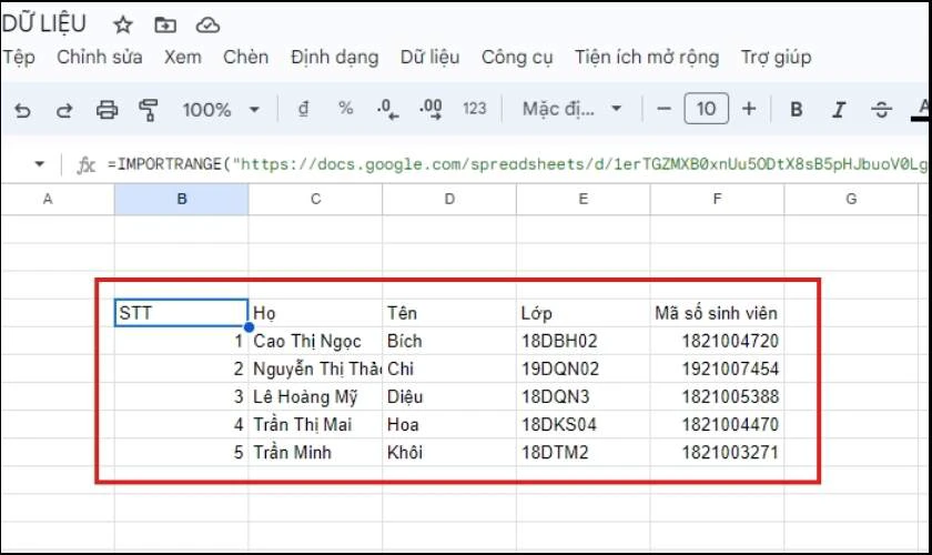 Nhấn Enter để lấy dữ liệu