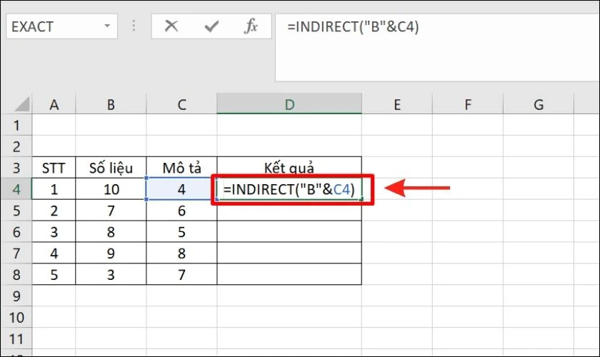 Dùng hàm INDIRECT tạo tham chiếu gián tiếp từ các giá trị ô và văn bản