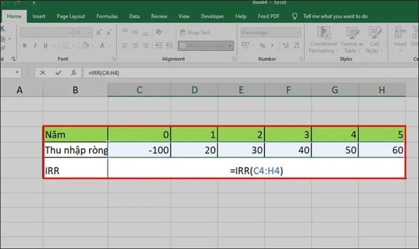 C&aacute;ch lập c&ocirc;ng thức t&iacute;nh h&agrave;m IRR thực tế trong Excel