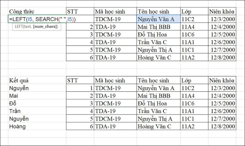 Cách sử dụng hàm LEFT và Search