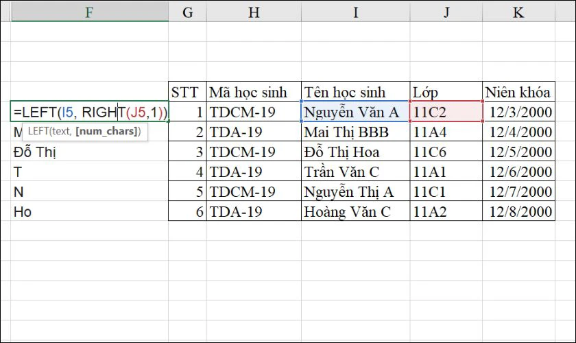Ví dụ về kết hợp hàm LEFT và right trong Excel