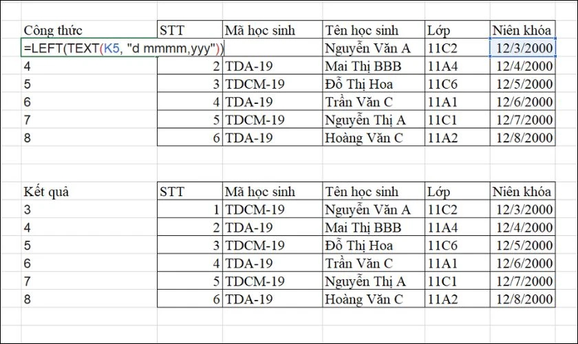 Hàm LEFT không hiệu quả với hoạt động ngày tháng