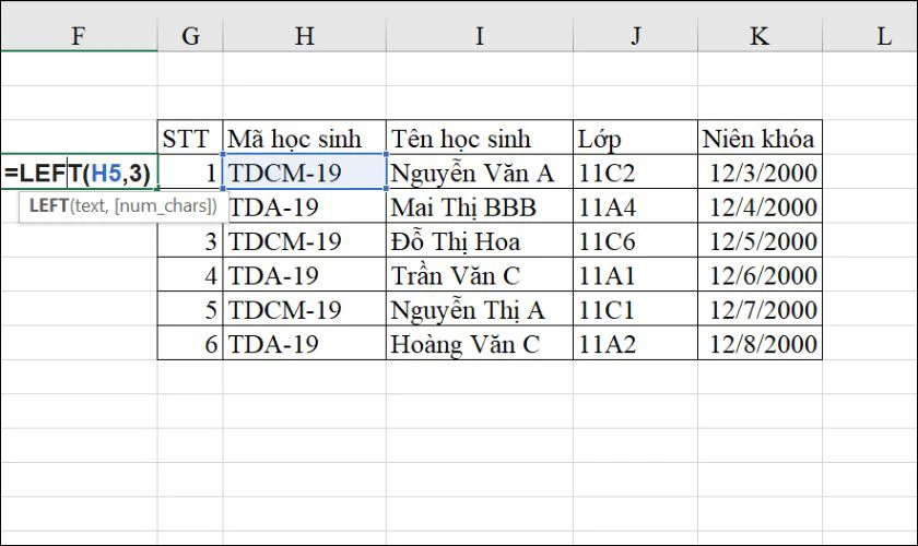 Cách sử dụng hàm LEFT trong excel cơ bản