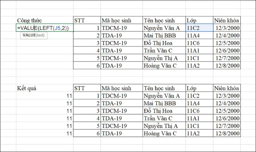 Cách sử dụng hàm LEFT và Value trong Excel