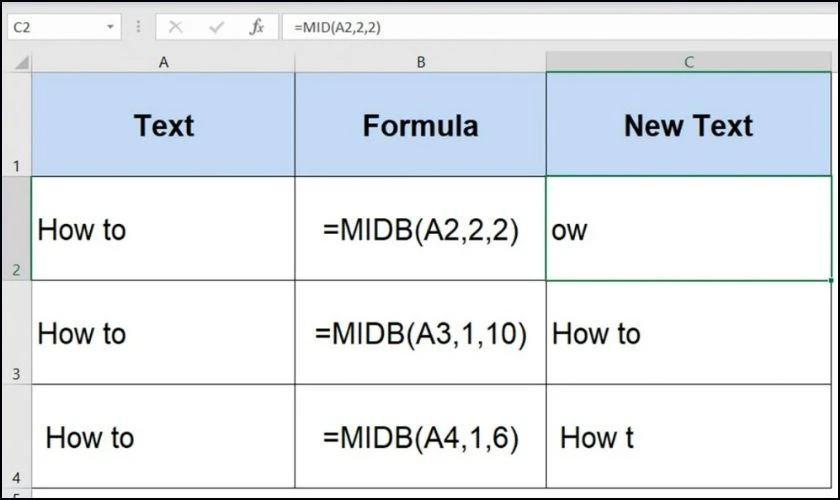 Ph&acirc;n biệt giữa h&agrave;m MID v&agrave; h&agrave;m MIDB trong Excel