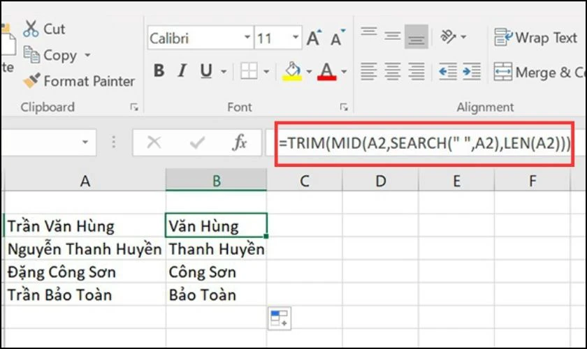 C&aacute;ch d&ugrave;ng h&agrave;m MID để tr&iacute;ch xuất t&ecirc;n
