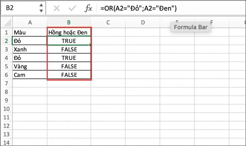 Kết quả khi sử dụng c&ocirc;ng thức h&agrave;m OR trong Excel&nbsp;