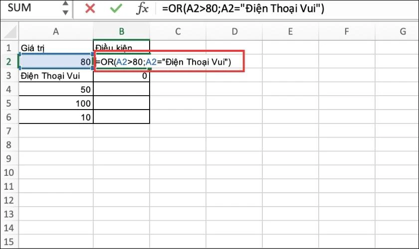 C&aacute;ch d&ugrave;ng h&agrave;m OR trong Excel để kiểm tra hai điều kiện chứa gi&aacute; trị hỗn hợp số v&agrave; chữ