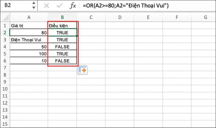 Hướng dẫn d&ugrave;ng h&agrave;m OR trong Excel để kiểm tra hai điều kiện chứa gi&aacute; trị hỗn hợp số v&agrave; chữ