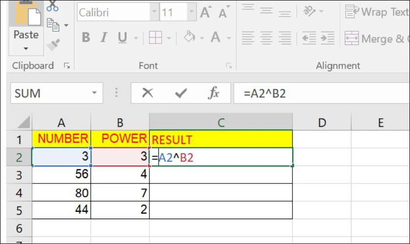 Sử dụng dấu ^ thay cho h&agrave;m Power trực tiếp