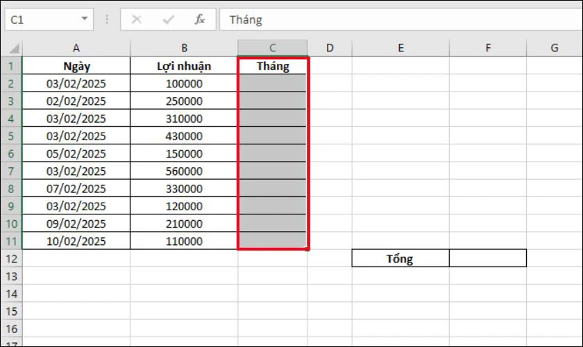 Hàm SUMIF tính tổng theo tháng