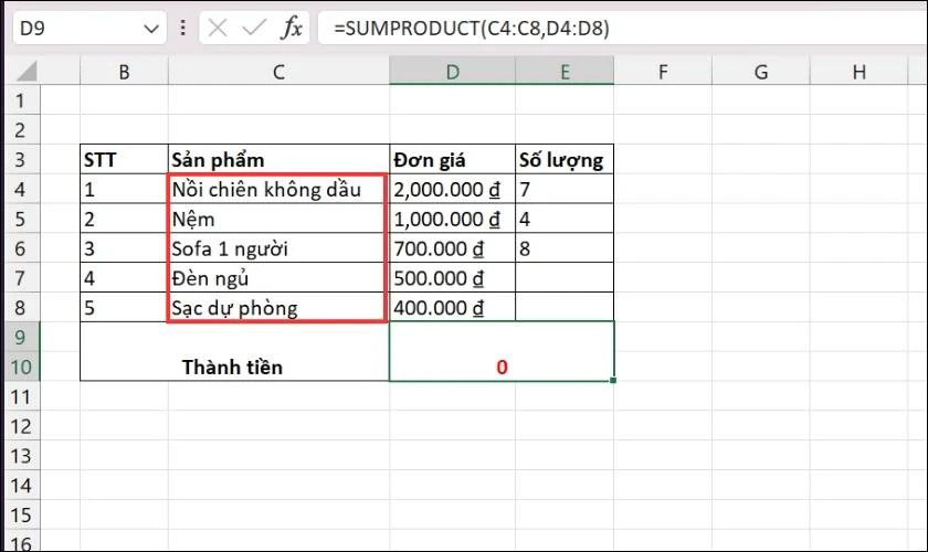 Lỗi hiển thị bằng 0 khi sử dụng hàm SUMPRODUCT có điều kiện