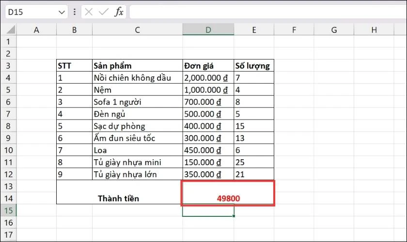 Kết quả sau khi áp dụng hàm