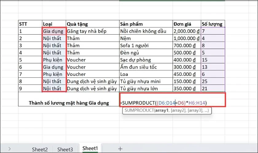 Cách dùng hàm SUMPRODUCT có điều kiện