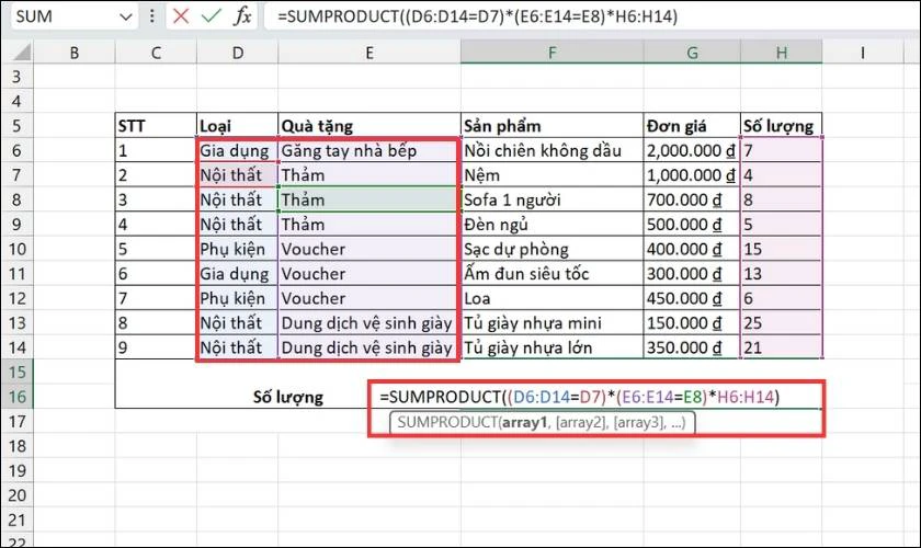 Cách sử dụng hàm SUMPRODUCT nhiều điều kiện