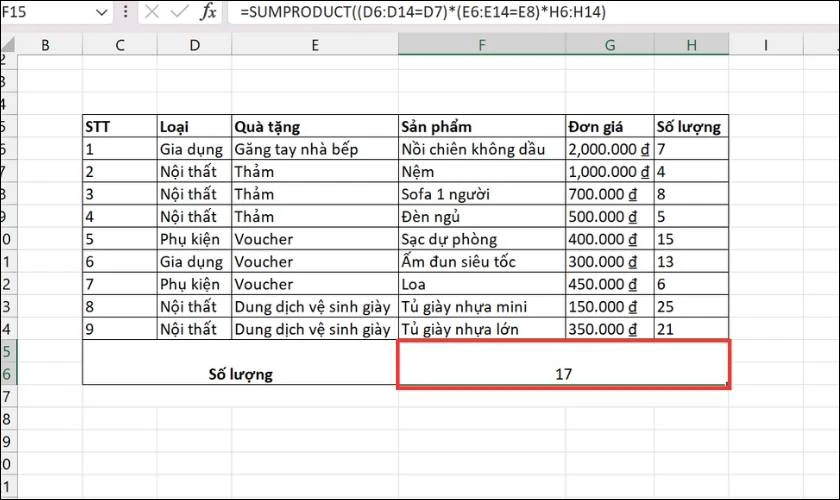 Kết quả sau khi áp dụng công thức hàm SUMPRODUCT có điều kiện
