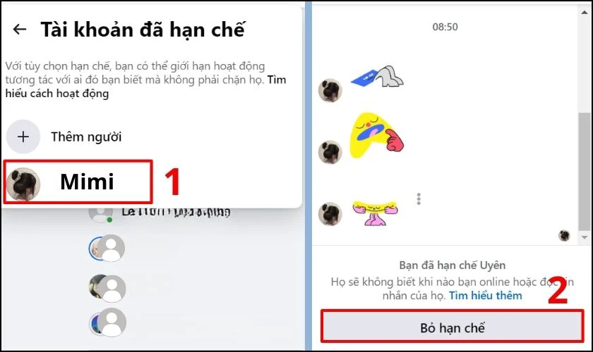 Chọn vào tên người đã hạn chế