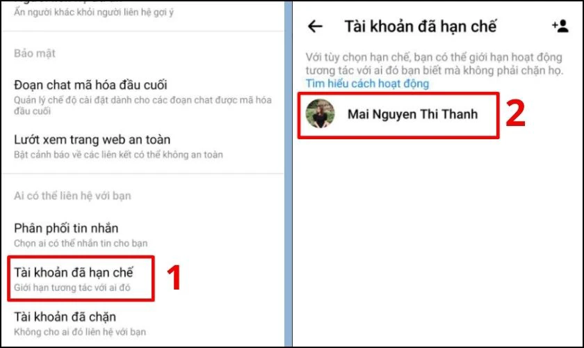 Chọn Tài khoản đã hạn chế