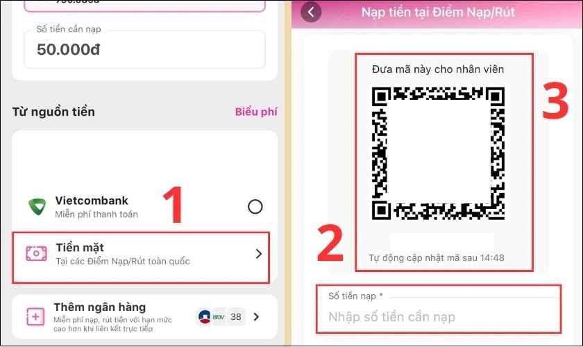 Nhập số tiền muốn nạp v&agrave; đưa m&atilde; QR cho nh&acirc;n vi&ecirc;n