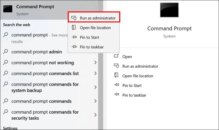 Nhập Command Prompt, nhấn chuột phải v&agrave; chọn v&agrave;o Run as administrator