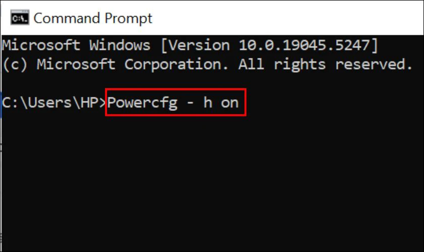 Nhập v&agrave;o d&ograve;ng lệnh Powercfg &ndash; h on, sau đ&oacute; nhấn Enter