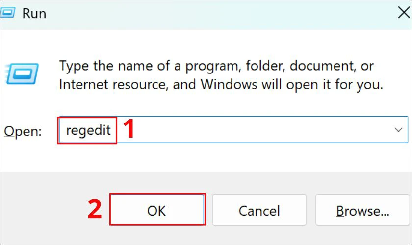 Nhấn tổ hợp Windows + R, sau đ&oacute; nhập regedit rồi nhấn OK