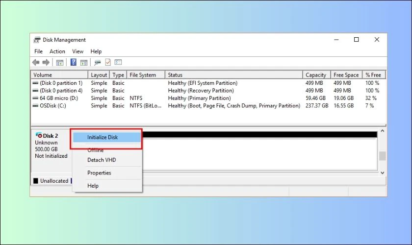 Chuột phải vào ổ cứng đã bị ẩn File Explorer và chọn “Initialize Disk”
