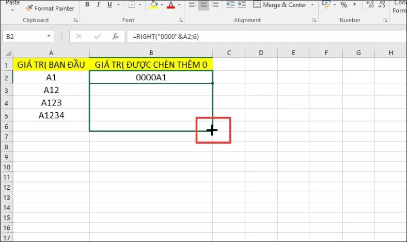 Dùng dấu cộng để thực hiện kéo ô công thức xuống các ô còn lại