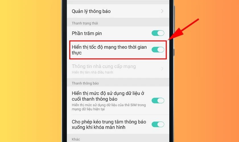 Bật tùy chọn Hiển thị tốc độ mạng theo thời gian thực