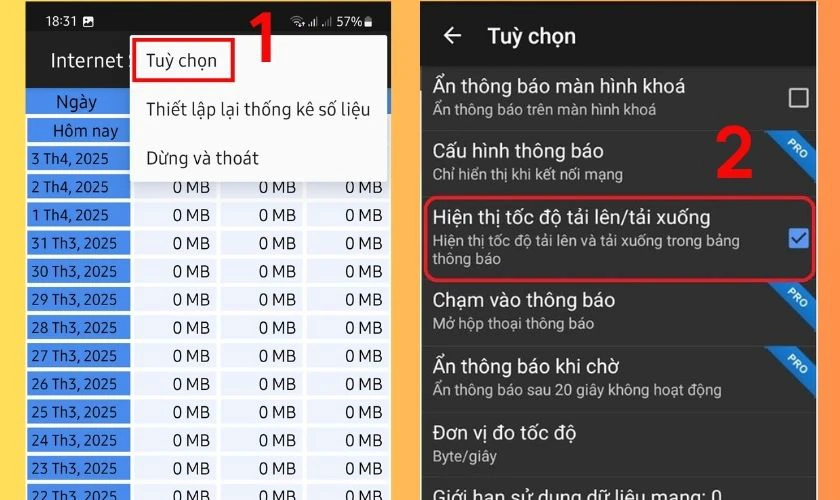 Tích chọn vào mục Hiển thị tốc độ tải lên/tải xuống
