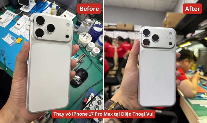 H&igrave;nh ảnh thực tế kh&aacute;ch h&agrave;ng thay vỏ iphone 17 pro max tại Điện Thoại Vui