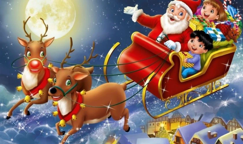 &Ocirc;ng gi&agrave; Noel cưỡi tuần lộc c&ugrave;ng c&aacute;c bạn nhỏ