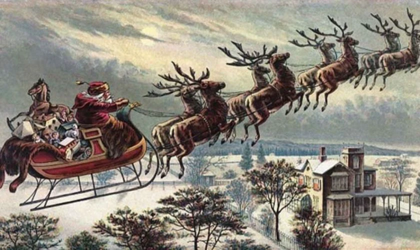 &Ocirc;ng gi&agrave; Noel cưỡi tuần lộc trong tranh vẽ