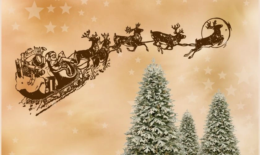 Cỗ xe &ocirc;ng gi&agrave; Noel băng qua ngọn th&ocirc;ng