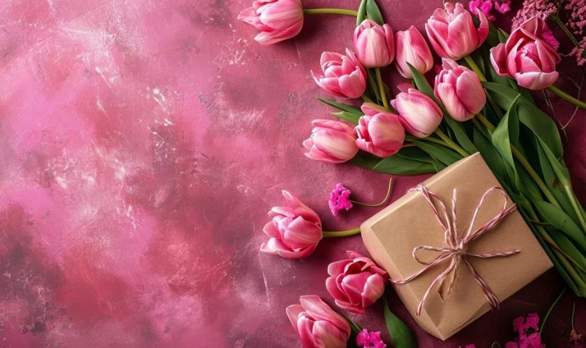 Hình nền 8/3 hộp quà và hoa lãng mạn