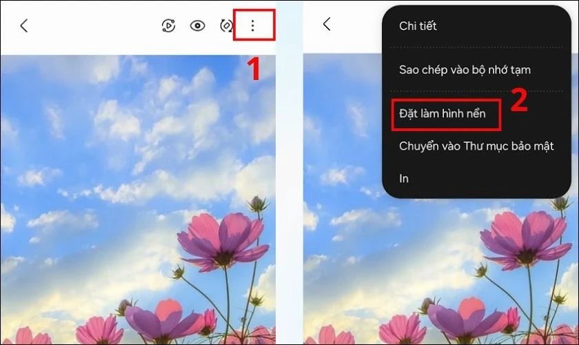 Nhấn v&agrave;o biểu tượng ba chấm ở g&oacute;c phải m&agrave;n h&igrave;nh v&agrave; chọn Đặt l&agrave;m h&igrave;nh nền