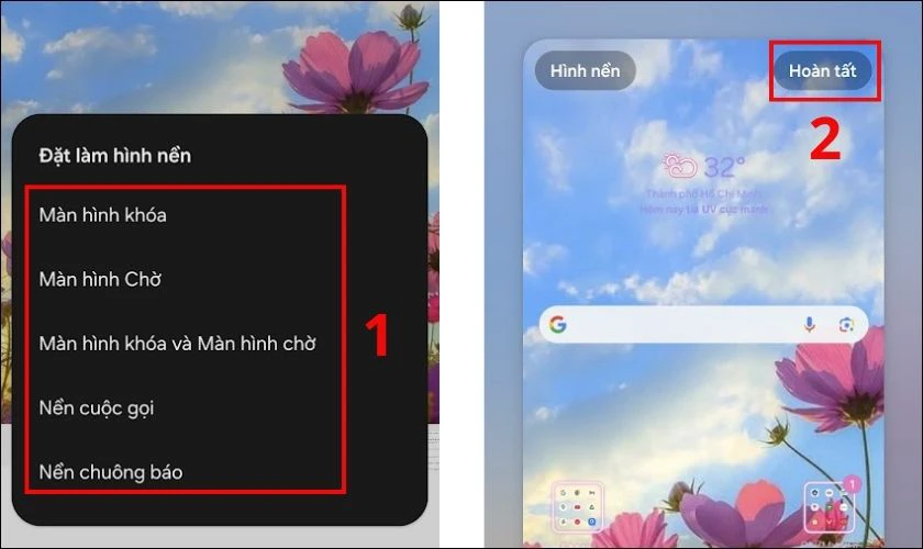 Chọn vị tr&iacute; hiển thị rồi nhấn Ho&agrave;n tất