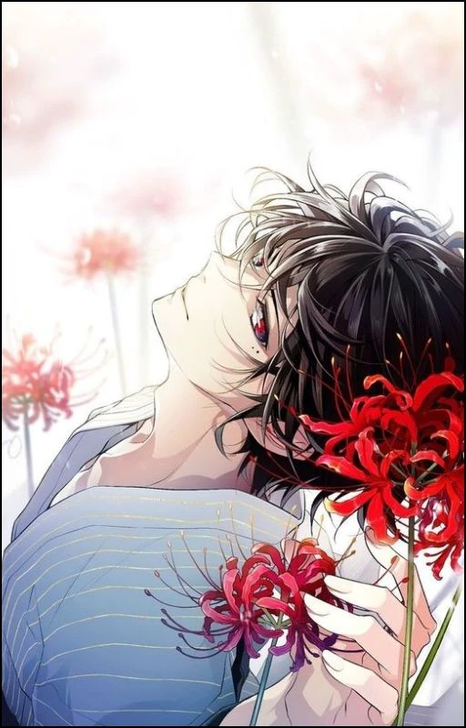 Ảnh nền hoa bỉ ngạn đỏ c&ugrave;ng nh&acirc;n vật nam anime