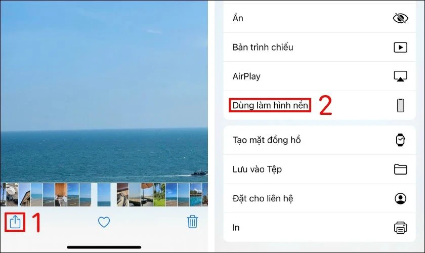 Nhấn chọn v&agrave;o h&igrave;nh nền vừa tải xuống, nhấp v&agrave;o biểu tượng chia sẻ v&agrave; chọn D&ugrave;ng l&agrave;m h&igrave;nh nền