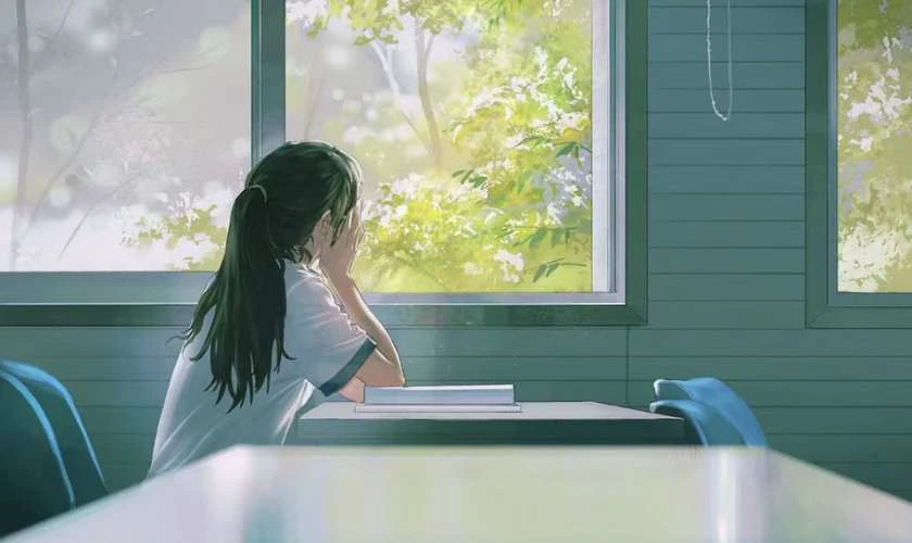 Ảnh cô gái ngắm nhìn bầu trời qua khung cửa lớp học