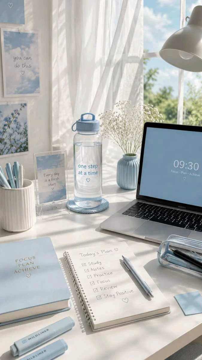 Ảnh nền đồ dùng học tập tone xanh dương