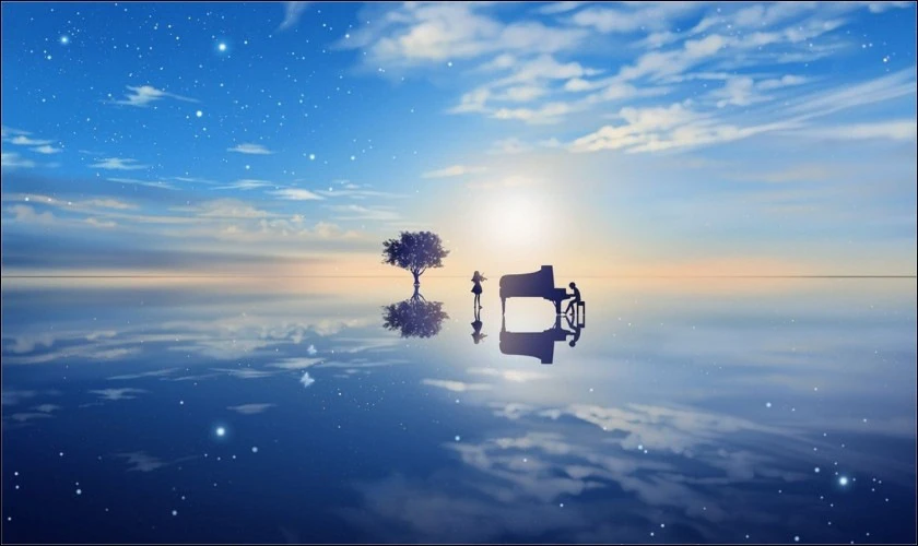 H&igrave;nh nền m&agrave;u xanh dương đẹp c&ugrave;ng đ&agrave;n piano