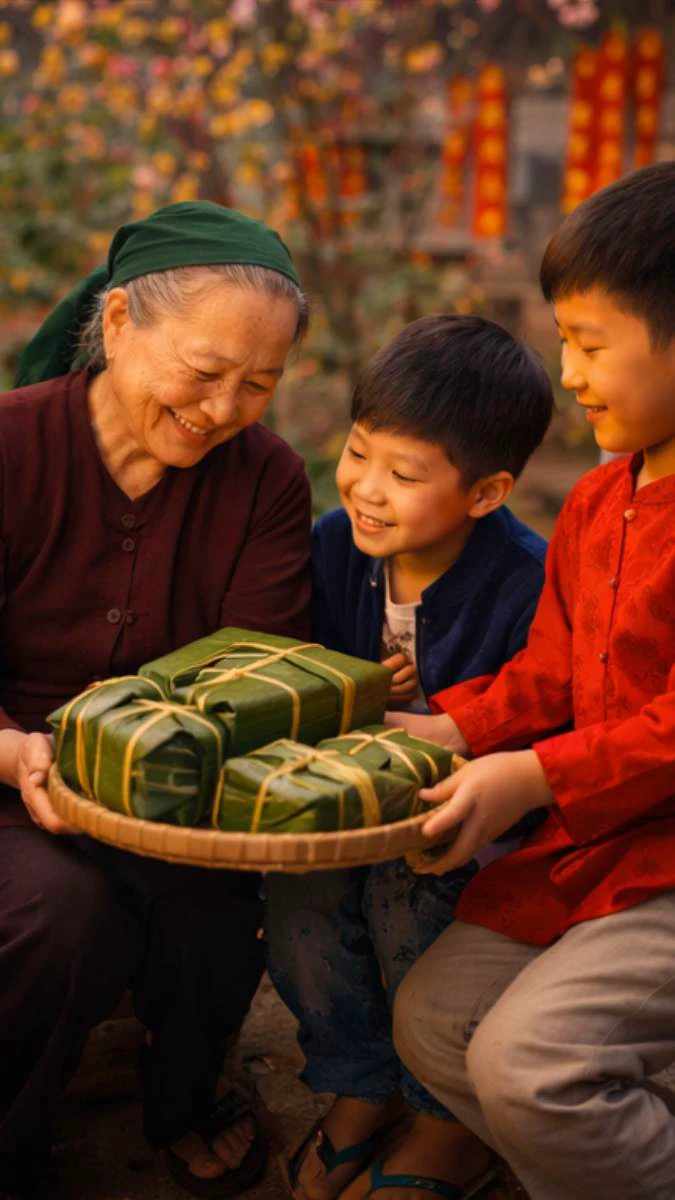 Hình nền Tết gia đình gói bánh chưng dễ thương