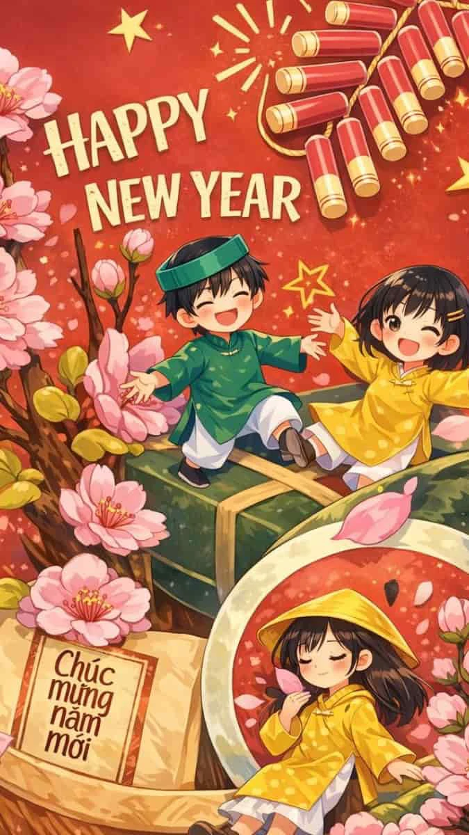 Hình nền Tết chibi 2026 chủ đề phong cảnh HD